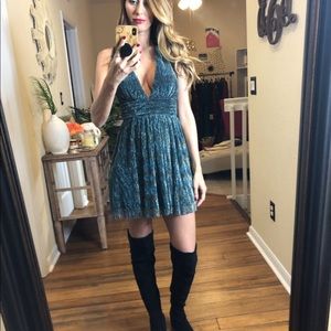 ailey gold and teal blue skater dress